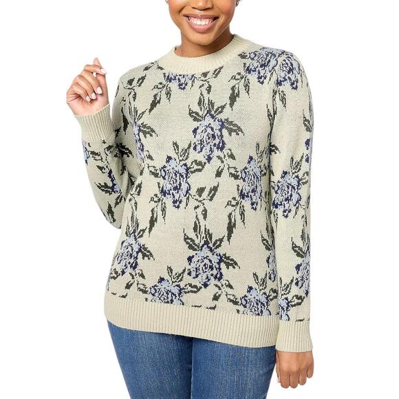 Denim & Co. Tops - Denim & Co. Women's Jacquard Floral Mock Neck LongSlv Pullover Frost - Regular